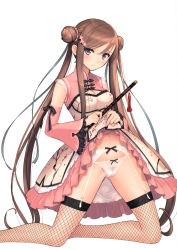 Rule 34 | 1girl, absurdres, bare shoulders, blush, breasts, brown hair, china dress, chinese clothes, chun-mei (tony taka), cleavage, cleavage cutout, clothes lift, clothing cutout, double bun, dress, dress lift, fishnet thighhighs, fishnets, floral print, flower, flute, frills, garter belt, hair bun, hair flower, hair ornament, hairclip, highres, holding, instrument, kneeling, long hair, looking at viewer, medium breasts, original, panties, purple eyes, scan, solo, thighhighs, tony taka, twintails, underwear, wide sleeves