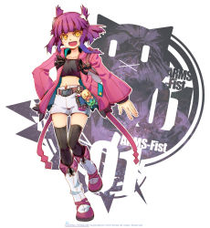 Rule 34 | 1girl, :d, :x, belt, black thighhighs, boots, coat, crop top, full body, hand on own hip, happy, highres, hip focus, knee boots, midriff, navel, open mouth, original, purple hair, retpa, short hair, shorts, sidelocks, smile, solo, thighhighs, thighhighs under boots, yellow eyes