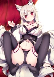 Rule 34 | 1girl, absurdres, animal ears, arm at side, arm support, bare shoulders, black panties, black thighhighs, blonde hair, blush, breasts, cameltoe, cleavage, closed mouth, commentary request, criss-cross halter, curtains, detached sleeves, fox ears, fox tail, full body, halterneck, haruyuki (yukichasoba), head tilt, highres, japanese clothes, legs up, long hair, long sleeves, looking at viewer, medium breasts, navel, no shoes, obi, original, panties, sash, simple background, sitting, solo, spread legs, stomach, tabi, tail, thighhighs, underwear, very long hair, white background, wide sleeves