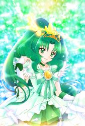 Rule 34 | 10s, 1girl, aizen (syoshiyuki), bow, brooch, choker, closed mouth, cowboy shot, cure march, cure march (princess form), frills, green choker, green eyes, green hair, green skirt, green theme, halo, highres, jewelry, light particles, light smile, long hair, looking at viewer, magical girl, midorikawa nao, multicolored background, precure, skirt, smile precure!, solo, striped, striped bow, tiara, tri tails, wrist cuffs