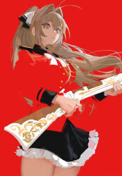 Rule 34 | 1girl, aiguillette, amagi brilliant park, antenna hair, black skirt, blending, bow, bowtie, breasts, brown eyes, brown hair, closed mouth, collared jacket, cowboy shot, epaulettes, eyelashes, floating hair, frilled skirt, frills, gun, hair between eyes, hair intakes, highres, holding, jacket, large breasts, long hair, long sleeves, looking at viewer, military, military uniform, musket, ponytail, qosic, red background, red jacket, sento isuzu, shadow, sidelocks, sketch, skirt, solo, standing, thighs, uniform, weapon, white bow, white bowtie