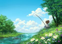 Rule 34 | 1girl, blue flower, blue pants, blue sky, brown hair, bush, child, cloud, commentary, day, english commentary, facing away, fishing, fishing rod, flower, flower request, grass, high ponytail, holding, holding fishing rod, mountainous horizon, on grass, original, outdoors, pants, ponytail, purple flower, reengirl, rock, scenery, shirt, short sleeves, sidelocks, sitting, sky, solo, stream, suspenders, tree, water, white flower, white shirt