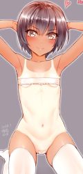 Rule 34 | 1girl, armpits, arms behind head, artist name, bad id, bad twitter id, blush, breasts, brown eyes, brown hair, character request, collarbone, commentary request, copyright request, eyes visible through hair, grey background, heart, kanzaki muyu, looking at viewer, navel, nipples, one-piece tan, pasties, short hair, simple background, sitting, small breasts, smile, solo, strapless, tan, tanline, thighhighs, tube top, white thighhighs