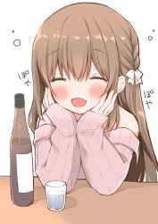 Rule 34 | 1girl, :d, ^ ^, bad id, bad pixiv id, bare shoulders, blush, bottle, bow, braid, brown hair, closed eyes, cup, drinking glass, facing viewer, fang, hair between eyes, hair bow, hands on own face, long hair, long sleeves, off-shoulder sweater, off shoulder, open mouth, original, pink sweater, sleeves past wrists, smile, solo, sweater, white background, white bow, yadapot