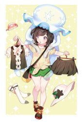 Rule 34 | 1girl, arms up, bag, black flower, black hair, black shirt, black skirt, blue eyes, blush, border, clothes hanger, collarbone, creatures (company), female focus, floral print, flower, full body, game freak, gen 7 pokemon, green shorts, hat, hat flower, highres, holding, kneehighs, looking to the side, nihilego, nintendo, open mouth, pleated skirt, pokemon, pokemon (creature), pokemon sm, red footwear, selene (pokemon), shirt, shoes, short hair, short shorts, short sleeves, shorts, simple background, skirt, socks, standing, sun hat, tentacles, thigh gap, tied shirt, ultra beast, white border, white hat, white socks, yellow background, yellow shirt, zuizi