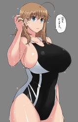 Rule 34 | 1girl, ahoge, blue eyes, breasts, brown hair, competition swimsuit, earrings, highres, huge breasts, jewelry, komusou (jinrikisha), one-piece swimsuit, ooba minori, original, sideboob, simple background, solo, swimsuit, translation request, wet, wet clothes, wet swimsuit