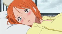 Rule 34 | 1girl, animated, animated gif, bed, blush, drum island, fever, inoue eisaku, lowres, lying, nami (one piece), non-web source, on back, one piece, orange hair, pillow, short hair, snow, snowing, solo, staring