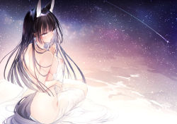 Rule 34 | animal ear fluff, animal ears, ass, black hair, blunt bangs, breasts, covering privates, earrings, fox ears, fox girl, fox tail, from behind, highres, jewelry, large breasts, long hair, looking at viewer, looking back, mole, mole under eye, naked towel, night, night sky, nipples, nude cover, original, parted lips, shooting star, sidelocks, sitting, sky, solo, star (sky), starry sky, tail, towel, transparent, wading, water, yellow eyes, yukibuster z