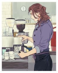 Rule 34 | 10s, 1boy, ?, alternate costume, alternate hairstyle, apron, bad id, bad pixiv id, barista, brown hair, coffee, coffee cup, coffee maker, cup, disposable cup, granblue fantasy, half updo, k29, looking down, male focus, siegfried (granblue fantasy), solo, spoken question mark, waist apron