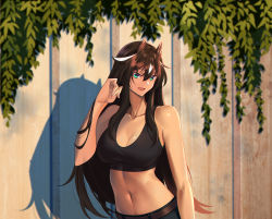 Rule 34 | 1girl, animal ears, aqua eyes, arknights, bare arms, bare shoulders, breasts, brown hair, cleavage, commentary request, crop top, green eyes, hair between eyes, hand up, highres, large breasts, long hair, looking at viewer, medium breasts, meteor (arknights), midriff, navel, open mouth, shadow, shijie jianfa, solo, sports bra, stomach, upper body, very long hair