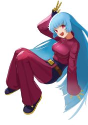 Rule 34 | 1girl, :d, belt, blue hair, bodysuit, bodysuit under clothes, cropped jacket, flasso, full body, jacket, kula diamond, long hair, long sleeves, looking at viewer, open mouth, red eyes, red jacket, smile, solo, teeth, the king of fighters, upper teeth only, very long hair, white background