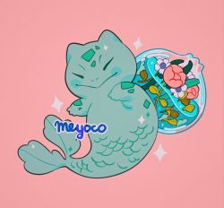 Rule 34 | :&gt;, artist name, bad id, bad twitter id, blush stickers, bulbasaur, closed eyes, closed mouth, creatures (company), fins, fish, fish tail, flower, full body, game freak, gen 1 pokemon, glass, meyoco, nintendo, no humans, pink background, pink flower, pokemon, pokemon (creature), rose, scales, signature, simple background, sparkle, tail, water, white flower