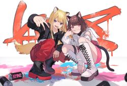 Rule 34 | 2girls, animal ears, black footwear, black hoodie, blonde hair, blue eyes, boots, brown hair, cat ears, cat tail, commentary, detached sleeves, dog ears, dog tail, full body, grin, hood, hood down, hoodie, kmnz, long hair, long sleeves, looking at viewer, mc lita, mc liz, multiple girls, open mouth, pants, pink eyes, red pants, short hair, shugao, smile, spray can, spray paint, squatting, streetwear, symbol-only commentary, tail, thigh strap, virtual youtuber, white footwear, white hoodie