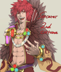 Rule 34 | 1boy, abs, bangle, belt, bracelet, commentary request, detached sleeves, english text, fur collar, gold, grey background, hair between eyes, jewelry, looking at viewer, male focus, misuguu, official alternate costume, open clothes, open mouth, open shirt, purple belt, ragnarok online, red eyes, red hair, red shirt, shirt, short hair, simple background, solo, sorcerer (ragnarok online), spiked hair, upper body, yellow sleeves