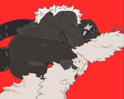Rule 34 | 1boy, black pants, black suit, black tail, body fur, bondrewd, claws, feet out of frame, formal, grey fur, helm, helmet, highres, looking at viewer, lying, made in abyss, male focus, mechanical tail, mgong520, on side, pants, pink eyes, red background, simple background, solo, suit, tail