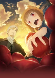 Rule 34 | 1boy, 1girl, :d, absurdres, animal ears, apple, black jacket, brown hair, collared shirt, commentary request, craft lawrence, facial hair, food, from below, fruit, goatee, highres, holding, holding food, holding fruit, holo, jacket, key visual, long hair, looking at viewer, official art, open mouth, promotional art, red eyes, shirt, short hair, smile, spice and wolf, white hair, white shirt, wolf ears, wolf girl