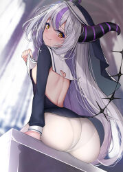 Rule 34 | 1girl, absurdres, arm support, ass, back, backless dress, backless outfit, black dress, braid, braided bangs, breasts, bright pupils, church, closed mouth, clothes lift, collar, cross, demon horns, dress, grey hair, highres, hololive, horns, indoors, la+ darknesss, lifting own clothes, long hair, long sleeves, looking back, multicolored hair, nun, panties, panties under pantyhose, pantyhose, purple hair, sherryqq, short dress, sitting, small breasts, smile, solo, streaked hair, striped horns, underwear, veil, virtual youtuber, white collar, white pantyhose, white pupils, yellow eyes