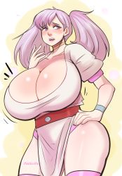 Rule 34 | 1girl, black clover, blush, breasts, cleavage, curvy, embarrassed, highres, huge breasts, long hair, noelle silva, pale skin, panties, pink hair, pink thighhighs, pinkkoffin, purple eyes, solo, thick thighs, thighhighs, thighs, twintails, underwear, white background, wide hips