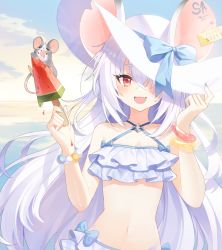 Rule 34 | 1girl, absurdres, alternate costume, blue archive, blush, collarbone, commentary request, fang, food, grey hair, hair between eyes, hat, highres, long hair, looking at viewer, mouse (animal), nezusuke (blue archive), ocean, open mouth, popsicle, ppeach, red eyes, ribbon, saya (blue archive), sky, solo, swimsuit, watermelon bar
