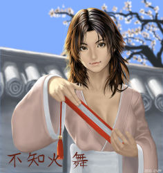 Rule 34 | 1girl, breasts, brown eyes, brown hair, character name, cherry blossoms, cleavage, fatal fury, folded fan, folding fan, hand fan, idnar, japanese clothes, kimono, shiranui mai, snk, solo, the king of fighters