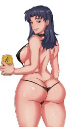 Rule 34 | 1girl, ass, beer can, bikini, black bikini, blush, breasts, brown eyes, butt crack, can, curvy, cytoscourge, drink can, drunk, earrings, female focus, highres, holding, holding can, jewelry, katsuragi misato, large breasts, lips, long hair, looking at viewer, looking back, mature female, neon genesis evangelion, parted lips, purple hair, seductive smile, shirt, sideboob, smile, solo, stud earrings, swimsuit, thick thighs, thighs, third-party edit, thong, wide hips