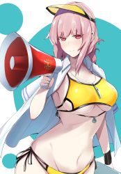 Rule 34 | 1girl, absurdres, bare shoulders, bikini, blush, braid, breasts, cleavage, closed mouth, collarbone, curvy, eyelashes, fate/grand order, fate (series), florence nightingale (chaldea lifesavers) (fate), florence nightingale (fate), folded ponytail, highres, hip focus, jacket, large breasts, long hair, looking at viewer, megaphone, nanakaku, navel, open clothes, open jacket, pink hair, red eyes, side-tie bikini bottom, single braid, smile, solo, swimsuit, thighs, very long hair, visor cap, whistle, white jacket, wide hips, wristband, yellow bikini