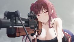Rule 34 | 1girl, aiming, ass, blush, breasts, bullpup, camisole, cleavage, closed mouth, collarbone, german flag, girls&#039; frontline, gradient background, grey background, gun, highres, keenh, large breasts, long hair, looking at viewer, lying, on stomach, purple hair, red eyes, rifle, side ponytail, signature, sleeveless, sniper rifle, solo, spaghetti strap, strap gap, v-shaped eyebrows, very long hair, wa2000 (girls&#039; frontline), walther, walther wa 2000, weapon