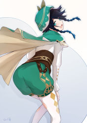 Rule 34 | 1boy, absurdres, ass, black hair, blouse, blue hair, blush, braid, cape, embarrassed, from behind, genshin impact, gold trim, green eyes, green hat, hat, highres, leggings, long hair, looking back, male focus, open mouth, pantyhose, pcde2378, shirt, shorts, simple background, solo, torn clothes, trap, twin braids, venti (genshin impact), white background, white pantyhose, white shirt