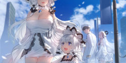 Rule 34 | 1boy, 3girls, ahoge, anchor, anger vein, angry, azur lane, bare shoulders, blue sky, breasts, cleavage, cloud, commander (azur lane), detached collar, distracted boyfriend (meme), dress, elbow gloves, faceless, faceless male, false smile, gloves, hat, head out of frame, highres, illustrious (azur lane), illustrious (muse) (azur lane), lace-trimmed headwear, lace trim, large breasts, little illustrious (azur lane), long hair, looking at another, looking back, meme, military, military hat, military uniform, multiple girls, no bra, open mouth, outdoors, pantyhose, short dress, sky, smile, standing, strapless, strapless dress, sun hat, swd3e2, thighs, tri tails, turning head, uniform, white dress, white gloves, white hair, white headwear