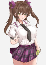 Rule 34 | 1girl, absurdres, black necktie, blush, breasts, brown hair, commentary request, frilled shirt collar, frills, hair between eyes, hand up, highres, himekaidou hatate, holding, holding phone, kuraki, large breasts, long hair, looking at viewer, necktie, phone, purple skirt, shirt, simple background, skirt, solo, tented shirt, touhou, twintails, very long hair, white background, white shirt, yellow eyes