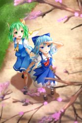 Rule 34 | 2girls, :d, :o, ankle socks, arms behind back, ascot, black footwear, blue dress, blue eyes, blue hair, blue skirt, blue vest, blurry, blurry background, blurry foreground, bow, branch, brown footwear, cherry blossoms, cirno, commentary request, daiyousei, day, dirt road, dress, fairy wings, from above, full body, grass, green eyes, green hair, hair bow, hand to forehead, highres, looking to the side, multiple girls, nogiguchi, one side up, open mouth, outdoors, pinafore dress, puffy short sleeves, puffy sleeves, red ascot, road, shadow, shirt, short hair, short sleeves, skirt, sleeveless dress, smile, socks, standing, touhou, vest, white legwear, white shirt, wings, yellow ascot