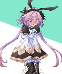 Rule 34 | 1boy, @ @, animal ears, astolfo (fate), between legs, black bow, black bowtie, black dress, black hairband, black pantyhose, bloomers, blush, bow, bowtie, buttons, detached sleeves, dress, drooling, embarrassed, fake animal ears, fate/grand order, fate (series), green background, hair bow, hair intakes, hairband, half-closed eye, hand between legs, have to pee, leaning forward, long hair, looking down, male focus, nose blush, one eye closed, open mouth, own hands together, pantyhose, pee, peeing, peeing self, pink hair, purple eyes, rabbit ears, rune (dualhart), saliva, short dress, short sleeves, sidelocks, simple background, solo, standing, tears, traditional bowtie, trap, twintails, two-tone background, underwear, v arms, very long hair, wet, wet clothes, white bloomers, white sleeves, wince