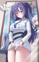 Rule 34 | 2girls, absurdres, aoi (blue archive), aoi (blue archive) (cosplay), belt, blue archive, blue necktie, blush, breasts, cosplay, cropped jacket, deriolet, dress, grey hair, halo, highres, holding, holding phone, indoors, jacket, large breasts, long hair, long sleeves, looking at another, looking down, loose belt, mirror, multiple girls, necktie, noa (blue archive), phone, purple eyes, purple hair, reflection, ribbed dress, skirt hold, solo focus, speech bubble, sweatdrop, taking picture, thick thighs, thighs, two side up, very long hair, white dress, white jacket, yuuka (blue archive)
