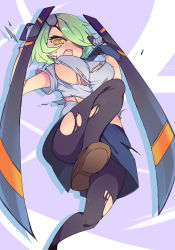 Rule 34 | 1girl, black pantyhose, bladed tonfa, breasts, dual wielding, eyepatch, gloves, green hair, hair over one eye, holding, jumping, large breasts, loafers, mg kurino, necktie, open mouth, orange eyes, otonashi kiruko, pantyhose, police, police uniform, policewoman, shinmai fukei kiruko-san, shoes, short hair, skirt, solo, tonfa, torn clothes, torn pantyhose, uniform, weapon, white gloves