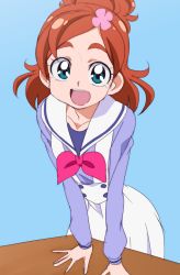 Rule 34 | 1girl, :d, blue background, go! princess precure, hair ornament, haruno haruka, looking at viewer, oimanji, open mouth, precure, red hair, school uniform, short hair, simple background, sketch, skirt, smile, solo, white skirt