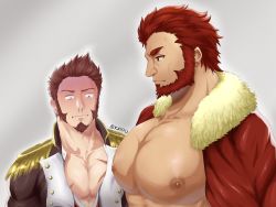 Rule 34 | 2boys, bara, bare pectorals, beard, blood, blue eyes, blush, breast envy, brown hair, bursting pectorals, cross scar, dark-skinned male, dark skin, facial hair, fate/grand order, fate (series), from side, girl staring at guy&#039;s chest (meme), goatee, highres, interracial, iskandar (fate), kaido (62145659), large pectorals, long sideburns, looking at another, looking down, male focus, mature male, meme, multiple boys, muscle envy, muscular, muscular male, napoleon bonaparte (fate), nipples, nosebleed, pectoral cleavage, pectoral focus, pectorals, red hair, scar, scar on chest, short hair, sideburns, upper body, yaoi