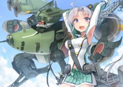 Rule 34 | 10s, 1girl, ahoge, aircraft, airplane, akitsushima (kancolle), armpits, arms behind head, arms up, breasts, ebizome, flying boat, hair ornament, hair ribbon, kantai collection, long hair, looking at viewer, mecha, medium breasts, military, military uniform, miniskirt, nishikitaitei-chan, official style, open mouth, pleated skirt, purple eyes, purple hair, ribbon, robot, side ponytail, sidelocks, skirt, solo, tongue, uniform, upper body