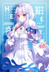 Rule 34 | 1girl, absurdres, blue background, blue hair, blush, capelet, closed mouth, colored inner hair, cowboy shot, dress, fur-trimmed capelet, fur trim, hair ornament, highres, jewelry, lize helesta, looking at viewer, multicolored hair, necklace, nijisanji, red eyes, saine, scan, smile, solo, standing, tiara, virtual youtuber, white dress, white hair