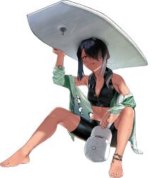 Rule 34 | 1girl, bike shorts, black hair, black shorts, breasts, burnt clothes, hair over one eye, hair over shoulder, hat, jacket, kantai collection, kumano maru (kancolle), long hair, looking at viewer, low ponytail, medium breasts, midriff, multicolored clothes, multicolored jacket, navel, official art, rash guard, red eyes, shorts, sidelocks, sitting, solo, surfboard, third-party source, torn clothes, transparent background, two-tone jacket, umihara sakana, unworn hat, unworn headwear, unzipped, white hat, white jacket