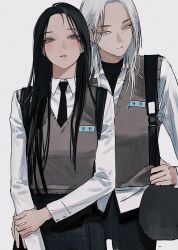 Rule 34 | 2girls, bag, black eyes, black hair, black necktie, black pants, black skirt, blush, closed mouth, cowboy shot, eriol s2, grey background, hand on another&#039;s hip, highres, long hair, looking at viewer, looking to the side, mole, mole under eye, multiple girls, necktie, original, pants, sidelocks, simple background, skirt, standing, translation request, white eyes, white hair, yuri