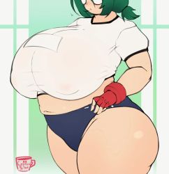 Rule 34 | 1girl, :3, animated, animated gif, areola slip, artist name, ass, ass shake, bouncing belly, bouncing breasts, breasts, buruma, coffeeslice, coke-bottle glasses, cowboy shot, cup, fat, fingerless gloves, glasses, gloves, green hair, gym uniform, heart, huge breasts, midriff, navel, nerd (coffeeslice), no bra, original, red gloves, round eyewear, see-through, short hair, smile, solo, standing, thick thighs, thighs, torn clothes, twintails, wardrobe malfunction