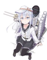 Rule 34 | 1girl, arm at side, arm support, arm up, belt, belt buckle, black belt, black pantyhose, black skirt, brown footwear, buckle, cannon, closed mouth, collarbone, commentary request, flat cap, from above, full body, grey eyes, hair between eyes, hammer and sickle, hat, hibiki (kancolle), jacket, kantai collection, loafers, long hair, long sleeves, looking at viewer, looking up, machinery, mochiki, pantyhose, pleated skirt, school uniform, serafuku, shoes, silver hair, sitting, skirt, sleeves past wrists, smokestack, solo, star (symbol), turret, verniy (kancolle), very long hair, white hat, white jacket