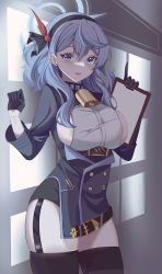 Rule 34 | 1girl, absurdres, ako (blue archive), asymmetrical bangs, bell, black gloves, black hairband, black legwear, blue archive, blue eyes, blue hair, blue jacket, breasts, cake walker, clipboard, cowboy shot, earrings, garter straps, gloves, hairband, half gloves, hands up, highres, holding, holding clipboard, incredibly absurdres, jacket, jewelry, large breasts, long hair, looking at viewer, neck bell, open clothes, open jacket, open mouth, sideboob, simple background, solo, standing, stud earrings, thighs