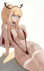 Rule 34 | 1girl, arm support, bare arms, bare shoulders, blonde hair, blue eyes, breasts, choker, commentary, fake antlers, groin, highres, hioyami, large breasts, long hair, metroid, navel, nintendo, one-piece swimsuit, ponytail, red choker, red one-piece swimsuit, red slingshot swimsuit, samus aran, sidelocks, sitting, slingshot swimsuit, solo, stomach, swimsuit, thighhighs, white background