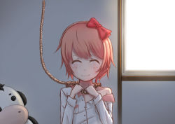 Rule 34 | 1girl, ^ ^, absurdres, artist request, blouse, bow, breast pocket, child, closed eyes, crying, doki doki literature club, closed eyes, flat chest, hair bow, highres, indoors, long sleeves, noose, off shoulder, peril, pocket, red bow, rope, sayori (doki doki literature club), shirt, short hair, sleeve cuffs, smile, solo, spoilers, stuffed toy, suicide, white shirt, window