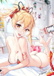 Rule 34 | 1girl, arm tattoo, ass, bed sheet, bikini, blonde hair, blurry, blurry background, breasts, charging device, chest tattoo, cross-laced bikini, cross-laced clothes, crossed ankles, crossed bangs, fish tattoo, flower tattoo, genshin impact, hair ornament, handheld game console, highres, large breasts, looking at viewer, lying, on stomach, open mouth, orange bikini, orange eyes, playing games, ponytail, punc p, short hair, side-tie bikini bottom, smile, solo, string bikini, swimsuit, tattoo, yoimiya (genshin impact)