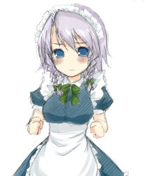 Rule 34 | 1girl, apron, bad id, bad pixiv id, blue eyes, blush, breasts, clenched hand, clenched hands, embarrassed, female focus, highres, izayoi sakuya, kabata (mechisan), light purple hair, maid, maid apron, maid headdress, short hair, short sleeves, simple background, solo, touhou