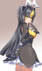 Rule 34 | 1girl, antennae, back, black dress, black gloves, black hair, breasts, dress, framed breasts, from behind, gloves, gradient background, highres, large breasts, long hair, looking at viewer, looking back, personification, solo, sumiyao (amam), tongue, tongue out, ultra kaijuu gijinka keikaku, ultra series, ultraman (1st series), very long hair, yellow eyes, zetton