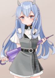 Rule 34 | 1girl, blue hair, blush, brown background, closed mouth, closed umbrella, cocoperino, collared shirt, dot mouth, dress, grey dress, hair between eyes, headgear, holding, holding umbrella, i-203 (kancolle), kantai collection, long hair, official alternate costume, see-through, shirt, short sleeves, simple background, solo, umbrella, white shirt