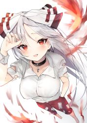 Rule 34 | 1girl, barefoot, black choker, breasts, buttons, choker, collarbone, collared shirt, commentary, cross, cross choker, dutch angle, earrings, fang, from above, fujiwara no mokou, highres, hiiro60, jewelry, large breasts, long hair, looking at viewer, open mouth, pants, pants rolled up, red eyes, red pants, shirt, short sleeves, simple background, smile, solo, standing, swept bangs, symbol-only commentary, torn clothes, torn sleeves, touhou, white background, white hair, white shirt, wrist cuffs